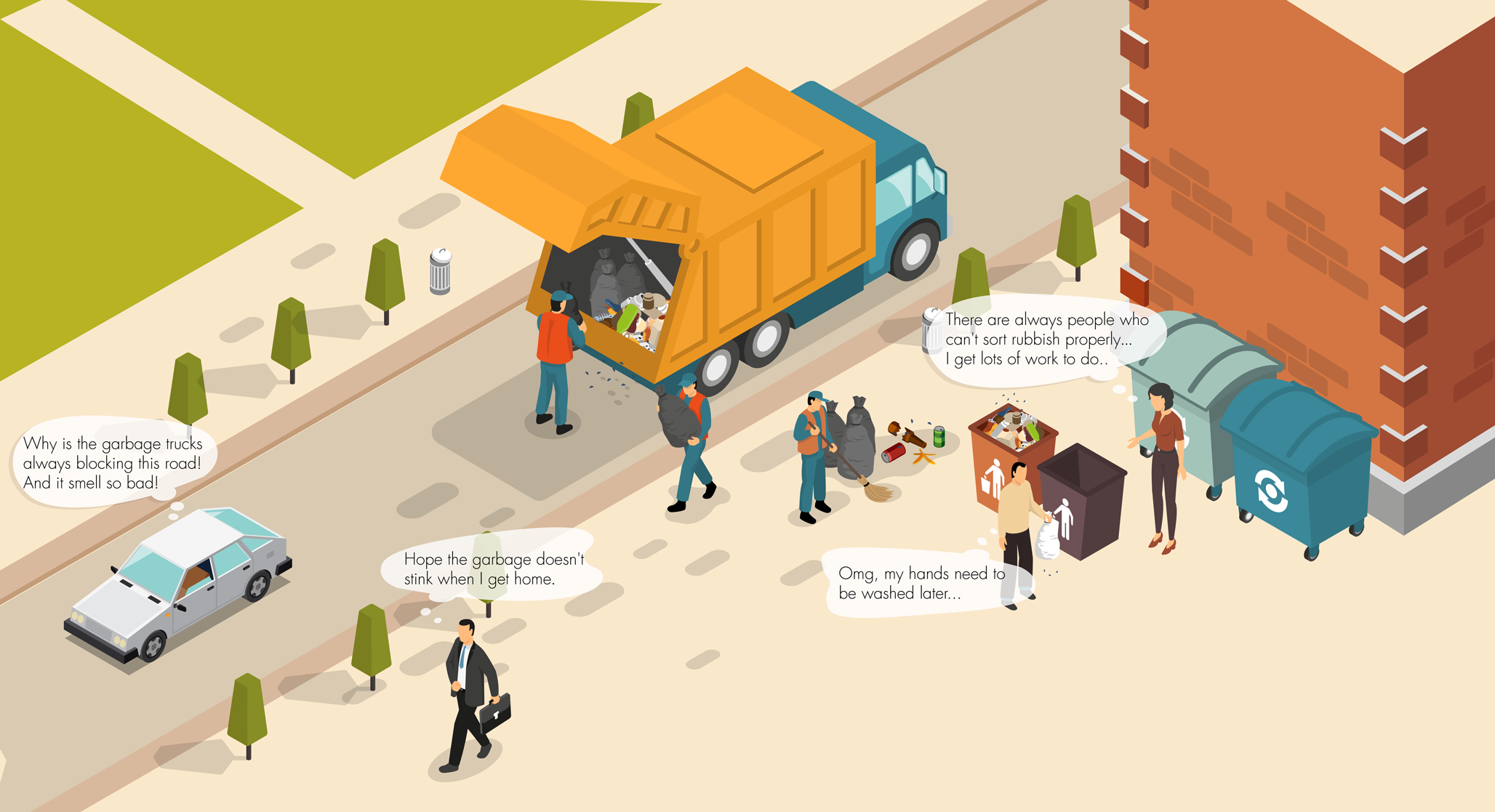 Urban waste system redesign, renovating the waste recycling approach to the household waste. The picture shows a daily scenario that citizen faced in everyday life.