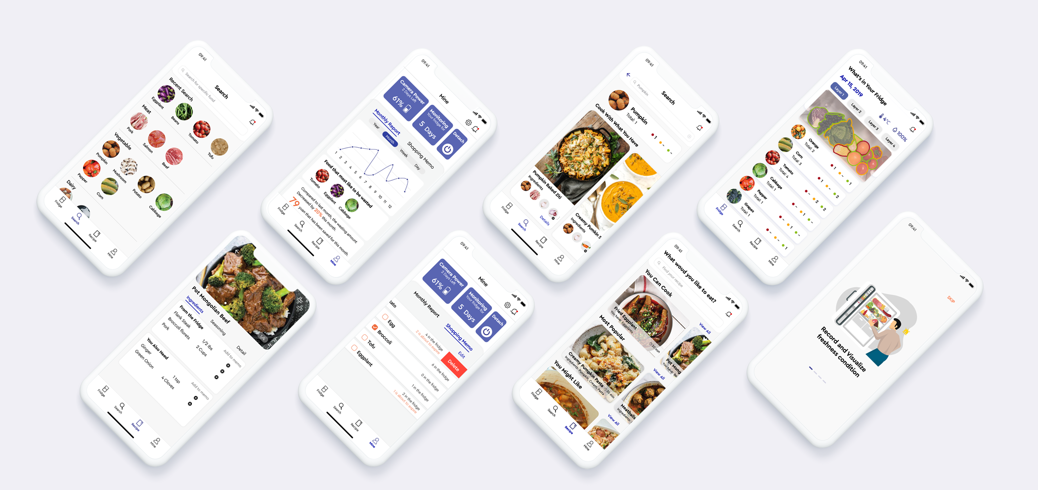 An applicaiton that helps keep track of the storage and freshness of food in your firdge, the picture shows the main interfaces of the app.