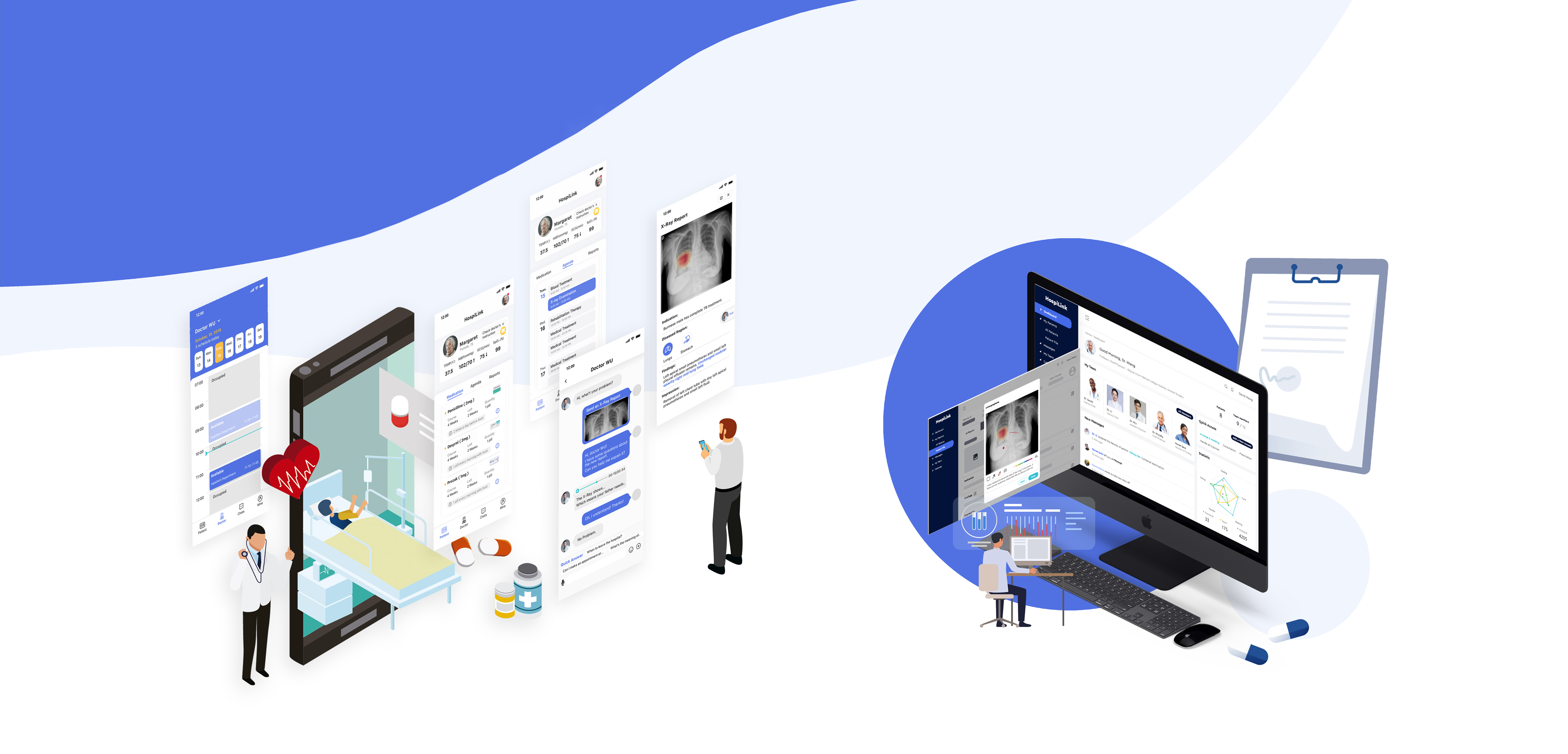 A picture showing the mobile app on the patients' family sides and the laptop-based app on the doctor's side. It aims to build a closer relationship between the patients' family and doctors